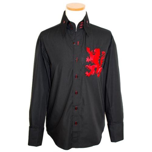 Manzini Black/Red/White Fire Breathing Dragon Embroidered Long Sleeves 100% Cotton Shirt MZ-56
